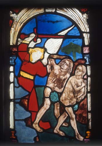 Expulsion of Adam and Eve, 15th century stained glass by Hans Acker, Besserer Chapel, Ulm Cathedral, Germany
