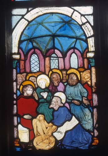 Christ washing the disciples feet,15th century stained glass by Hans Acker, Besserer Chapel, Ulm Cathedral, Germany
