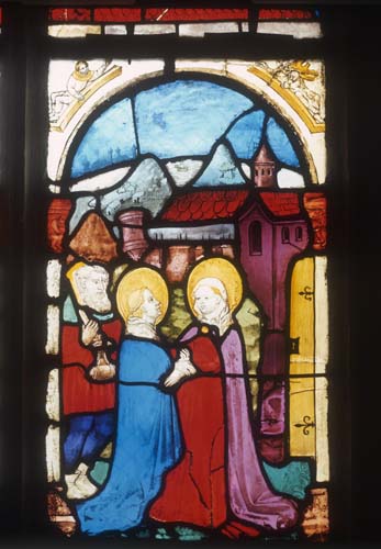Visitation, 15th century stained glass by Hans Acker, Besserer Chapel, Ulm Cathedral, Germany