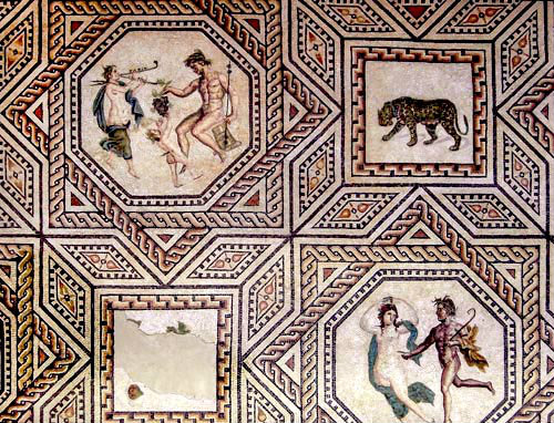 Mosaic pattern with nymphs and satyrs, panthers, third century Roman mosaic, Cologne, Germany