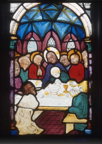 Last supper, 15th century stained glass by Hans Acker, Besserer Chapel, Ulm Cathedral, Germany