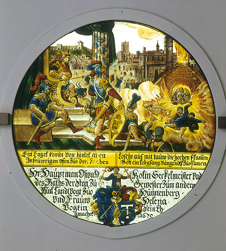 Three Hebrew youths, Shadrach, Meshach and Abednego in burning fiery furnace, sixteenth century, Darmstadt Museum, Germany