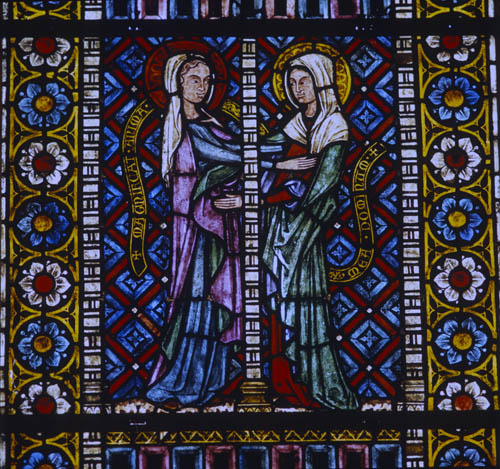 Visitation, 14th century stained glass panel, north aisle, Freiburg Munster, Germany