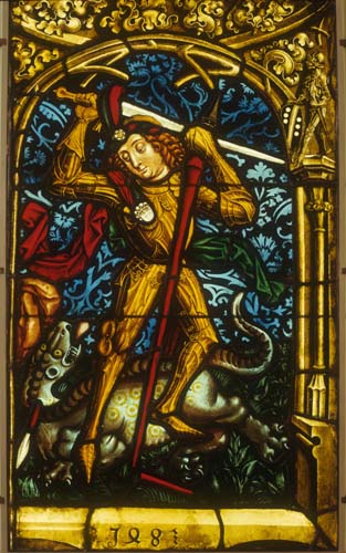 St George and the Dragon,15th century stained glass, Neckarsteinach, Darmstadt Museum, Germany