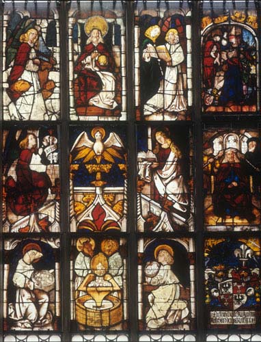 Heavenly Host and Evangelist Symbols, Schlusselfelder window, stained glass 1481, Lorenzkirche, Nuremberg, Germany