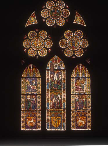 Blacksmiths window, 14th century stained glass, Freiburg Munster, Germany