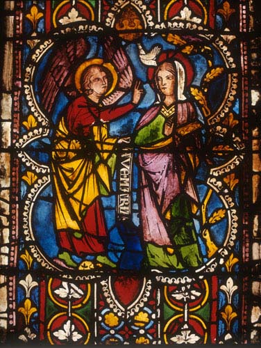 Annunciation to Mary, 14th century stained glass, Regensburg Cathedral, Germany