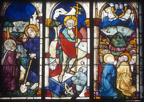 Resurrection, Ascension, Christ with Mary Magdalene, 15th century stained glass by Hans Acker, Freiburg Munster, Germany