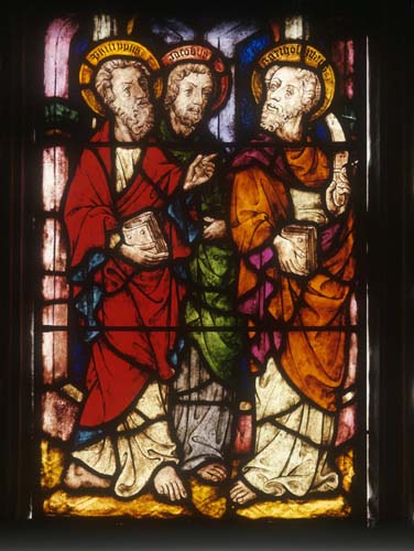 St Philip, St James and St Bartholomew, stained glass 1418, Jacob Kirche, Straubing, Germany,
