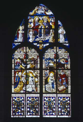 Annunciation and Nativity window, 15th century stained glass, Augsburg Cathedral, Germany