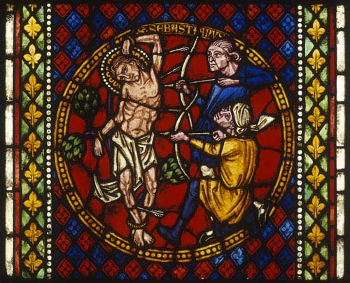 Martyrdom of St Sebastian, 20th century stained glass by Fritz Geiges, Freiburg Munster, Germany