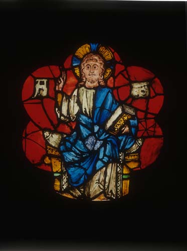 Christ in Majesty, 13th century stained glass roundel,  restored 1931, from Freiburg Munster, now in Freiburg museum, Germany