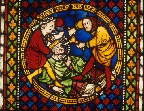 Martyrdom of St Leodegar, 13th century stained glass panel, Freiburg Munster, Germany