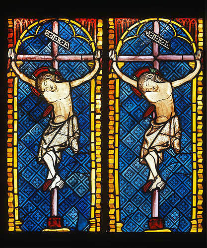 Crucifixion, 14th century on left, and on right 20th century replica. Original from Konstanz Munster, replica by Dr Oidtmann Linnich, Freiburg Museum, Germany