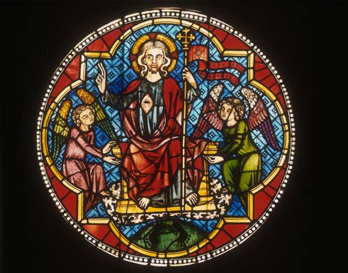 Ascension, 14th century stained glass roundel from Freiburg Munster, now in Freiburg Museum, Germany