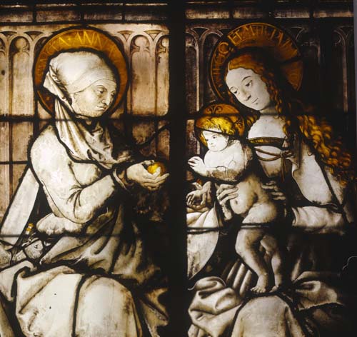 St Anne and Virgin and Child, St Anne window, 17th century stained glass, Alexander Chapel, Freiburg Munster, Germany