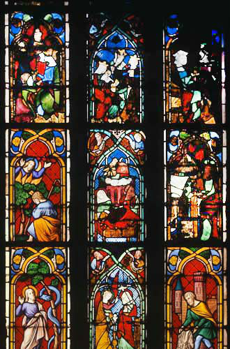 Bible window, fourteenth century, in apse, Frauenkirche, Esslingen,  Baden-Wurttenberg, Germany