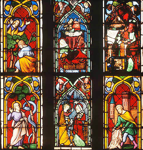 Six panels in Bible window of which 3 are fourteenth century  and 3 nineteenth century, Frauenkirche, Esslingen, Germany