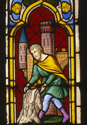 Gideon and the fleece, 19th century stained glass, Frauenkirche, Esslingen, Germany