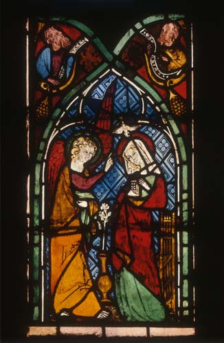 Annunciation, detail from Bible window, stained glass 1320-40, Frauenkirche, Esslingen, Germany