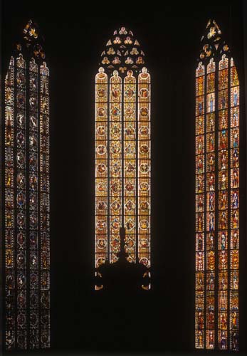 East windows, 14th century stained glass, in choir of Dionysiuskirche, Esslingen, Germany