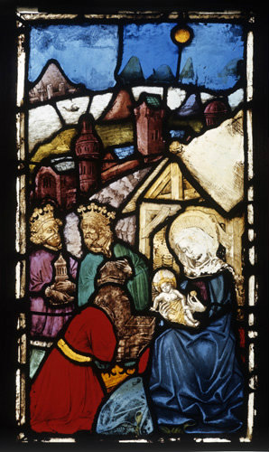 Adoration of the Magi panel in the Besserer Chapel, Ulm, Germany, 15th century stained glass