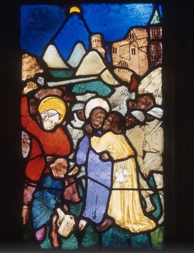 Betrayal, 15th century stained glass by Hans Acker, Besserer Chapel, Ulm Cathedral, Germany