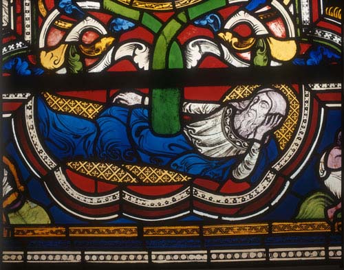 Jesse, detail from Jesse tree, stained glass 1220-30, Church of St Kunibert, Cologne, Germany