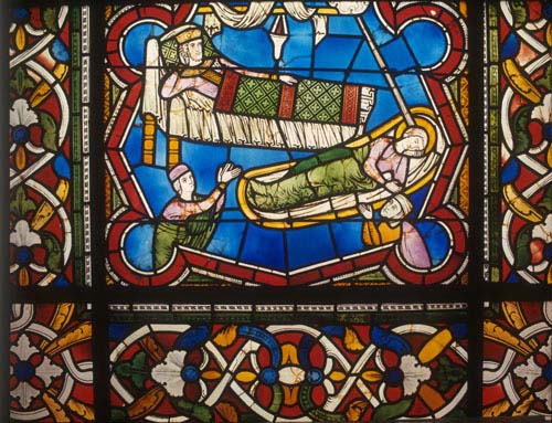 St Kunibert and King Dagobert, 13th century stained glass, Kunibert window, Church of St Kunibert, Cologne, Germany