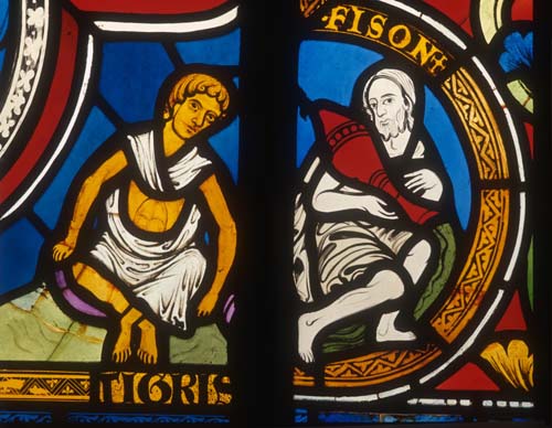 Tigris and Pison, detail, Jesse window, stained glass 1220-30, Church of St Kunibert, Cologne, Germany