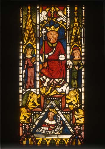Solomon on his golden throne with golden lions, stained glass 1360-70, Munster Landesmuseum, Germany