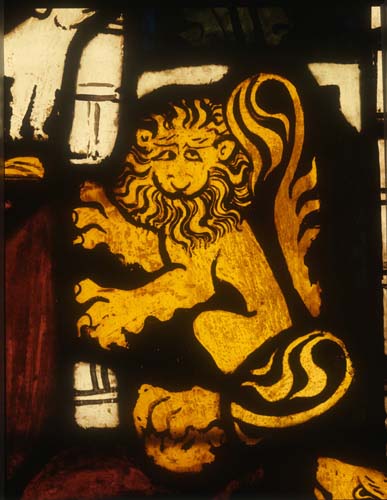 Detail of lion from throne of Solomon, 1360-70 stained glass,  Munster Landesmuseum, Germany