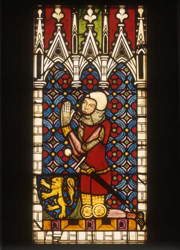 Kneeling knight, 14th century stained glass, Munster Landesmuseum, Germany