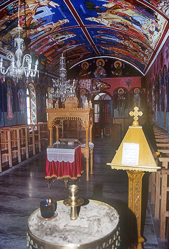Limona Monastery founded 1523 by St Ignatius, interior with shrine and lectern, Lesbos, Greece