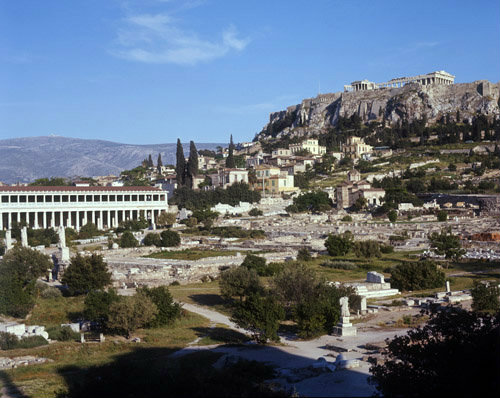 Greece Athens the Athenian Agora on the left, Stoa of Attalus and the Acropolis top right