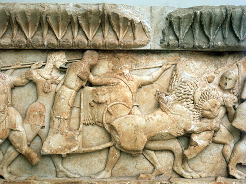 Greece Delphi detail of frieze from the Siphnian Treasury  Godess Cybele in her Chariot in the battle of the gods and giants 525 BC