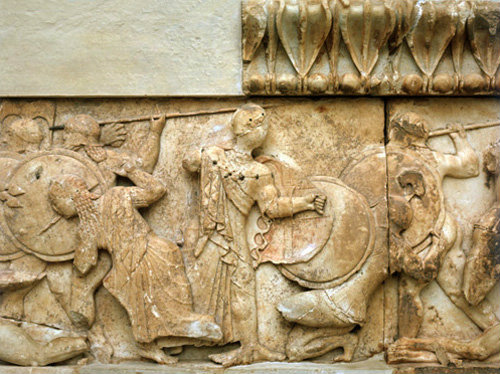 Greece Delphi Siphnian Treasury north frieze Hera and Athene fighting Giants Verectas and Laertas 525 BC