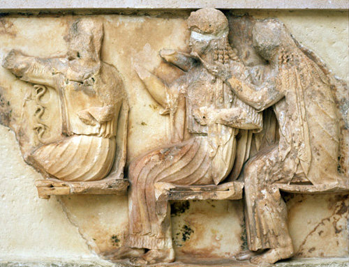 Greece Delphi  Siphnian Treasury from the east frieze the Gods favouring the Greeks, Athene Hera and Demeter
