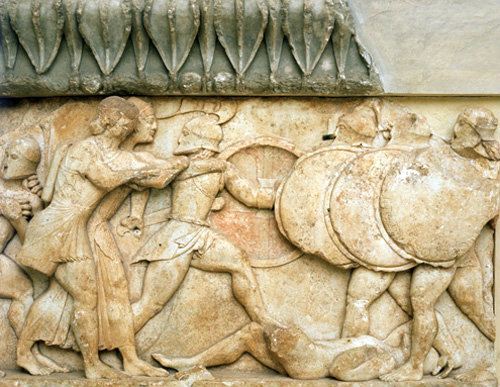 Greece Delphi  Siphnian Treasury from the north frieze Apollo and Artemis in battle with the giants 525 BC
