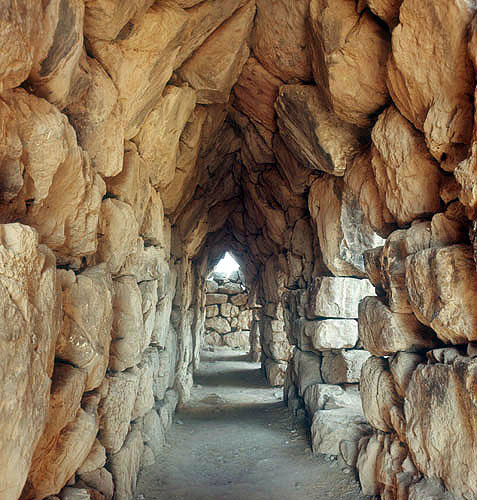 East gallery showing the corbelled roof, Mycenaean fortress, Tiryns, Greece