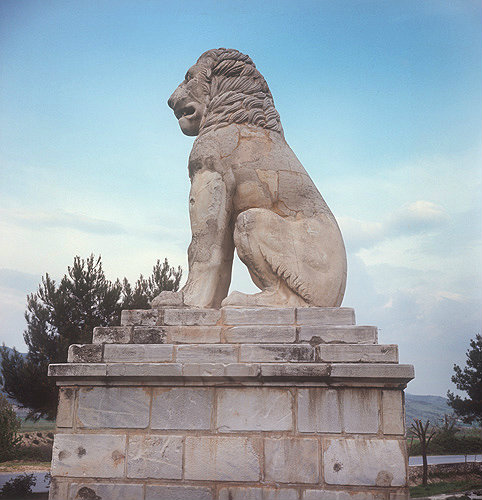 Lion of Chaeronea erected as memorial to the Sacred Band of Thebans, wiped out in battle of Chaeronea 338 BC, by Philip II of Macedon, Sparta, Greece