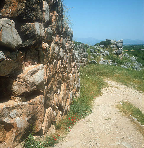 Cyclopean walls, 1350-1250 BC, flanking the ramp which leads up to main gatehouse, Mycenaean fortress, Tiryns, Greece