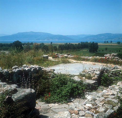 Megaron Court and altar looking south towards the sea, Mycenaean fortress, Tiryns, Greece