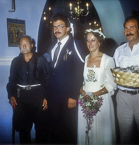 Cretan civil wedding, couple with gift money, Crete, Greece