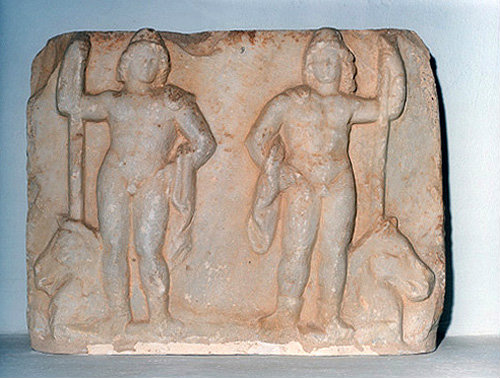 Dioscuri, Castor and Pollux, second to third century AD relief, Museum of Sparta, Greece