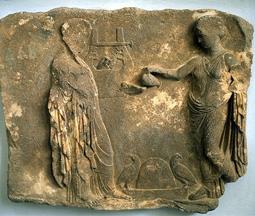 Artemis pouring a libation to Apollo, fifth century BC relief, Museum of Sparta, Greece