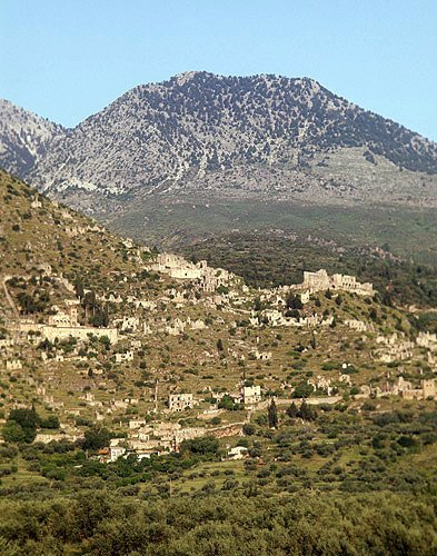 Greece, Mistras , the Byzantine city, frankish fortress top left and mount Taygetos behind