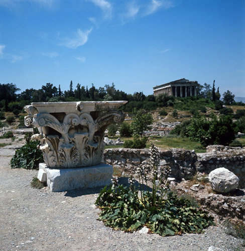 Greece Athens the Temple of Hephaistos or Theseion 5th century BC and Corinthian Capital in the Athenian Agora