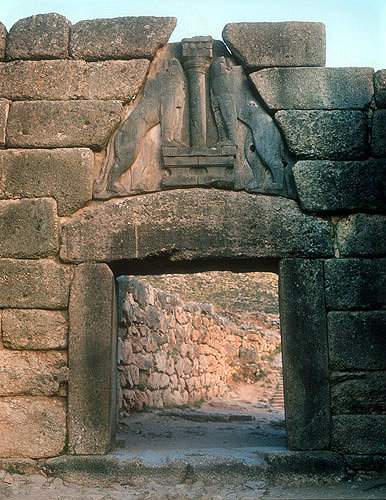 Lion Gate, lionesses and column, 1350-1330 BC bronze age stone sculpture, Mycenae, Greece