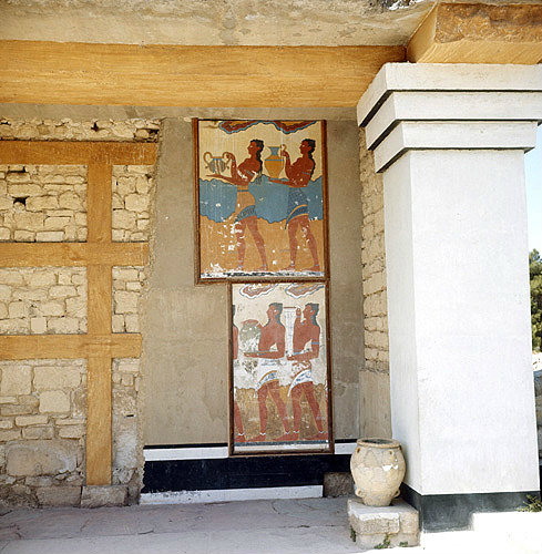 Greece, Crete, Knossos, two frescoes in the south Propylon